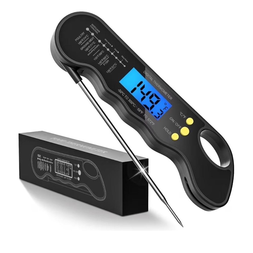 Digital Instant Read Meat Thermometer - Black with Blue LCD
